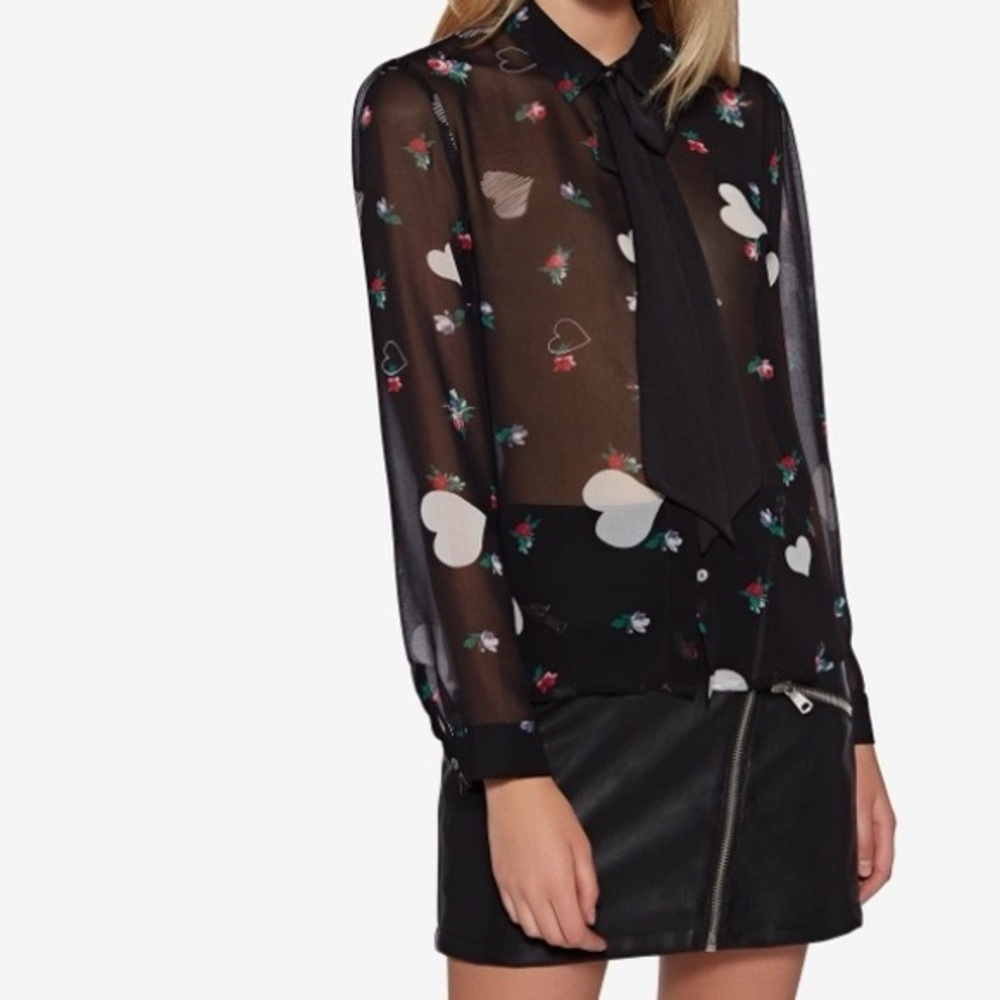 Avec Les Filles Sheer Black Heart & Flowers Tie-Neck Blouse Small Coquette